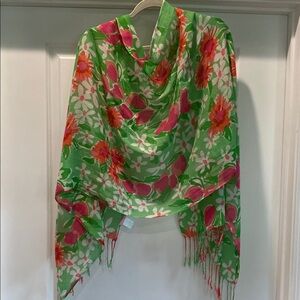 Lilly Pulitzer Green Scarf with Pink & Coral Floral Print